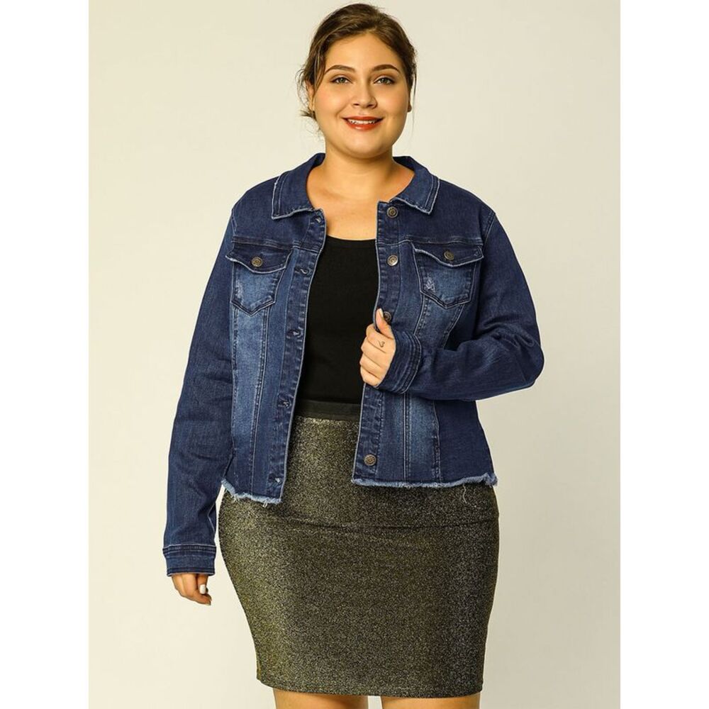 Women's Plus Size Washed Front Frayed Denim Jacket Dark Blue - Picture 2 of 6